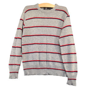 Panache Men's Pullover Knit Sweater Gray Medium Striped Crew Neck Ribbed Trim